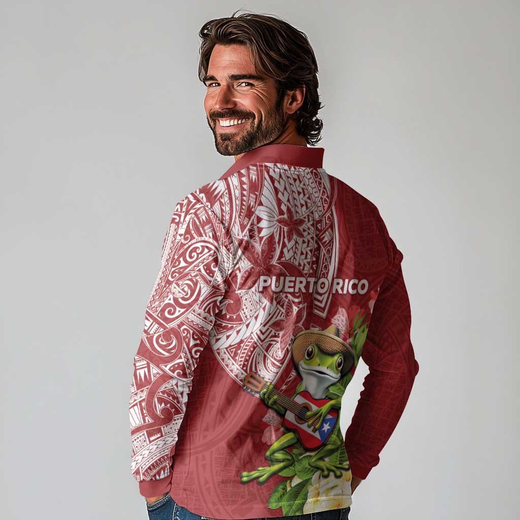 Puerto Rico Coqui Frog Long Sleeve Polo Shirt Tropical Flowers Polynesian Style LT05 - Polynesian Pride