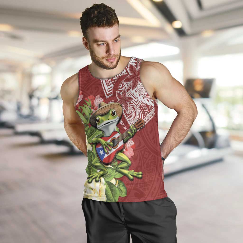 Puerto Rico Coqui Frog Men Tank Top Tropical Flowers Polynesian Style LT05 Red - Polynesian Pride