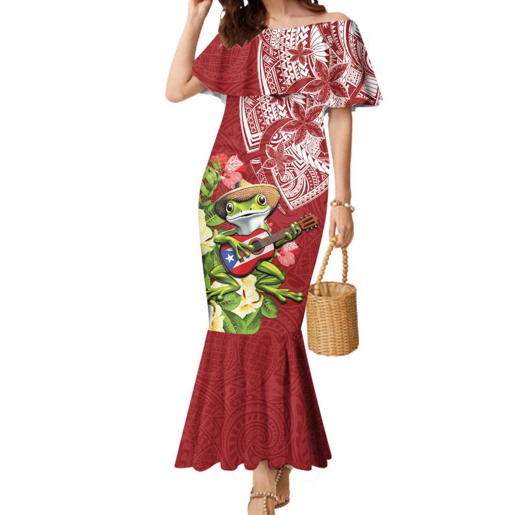 Puerto Rico Coqui Frog Mermaid Dress Tropical Flowers Polynesian Style LT05 Women Red - Polynesian Pride