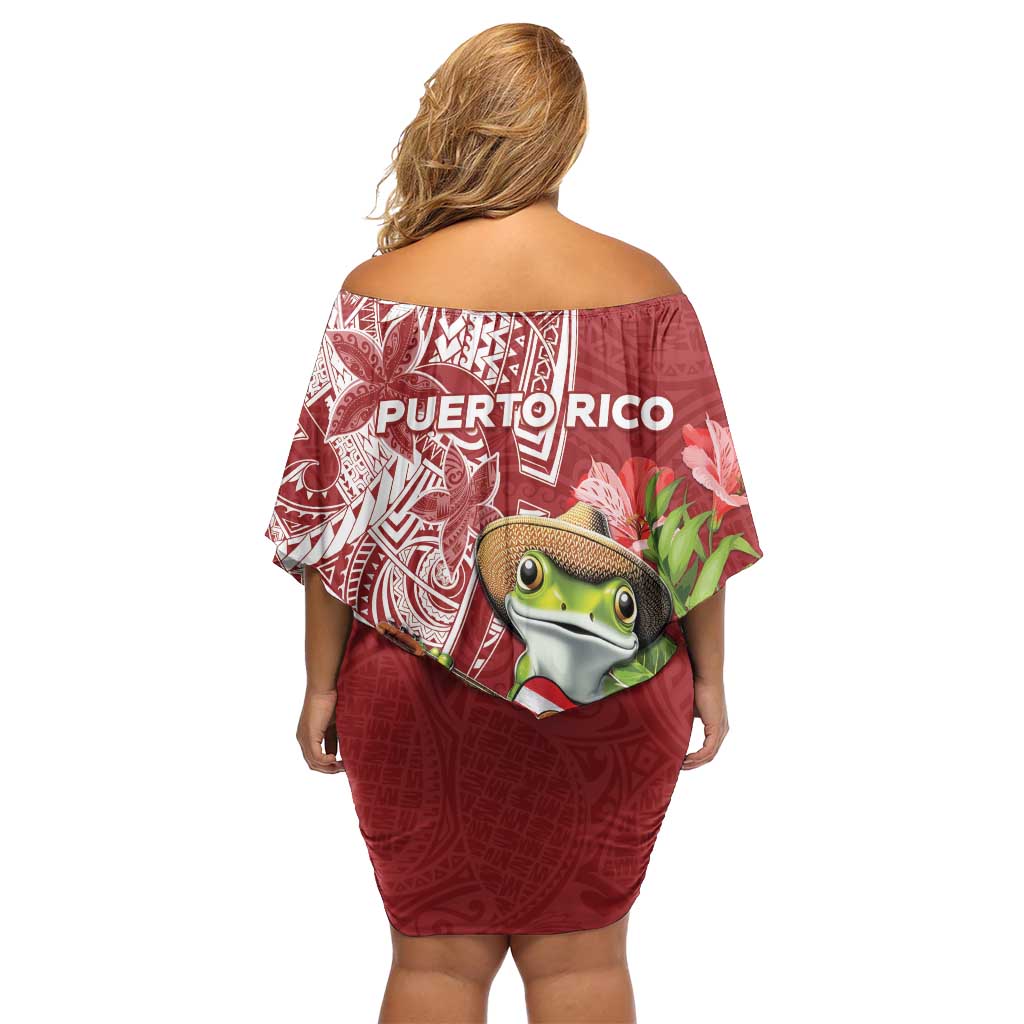 Puerto Rico Coqui Frog Off Shoulder Short Dress Tropical Flowers Polynesian Style LT05 - Polynesian Pride