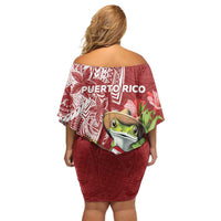 Puerto Rico Coqui Frog Off Shoulder Short Dress Tropical Flowers Polynesian Style LT05 - Polynesian Pride