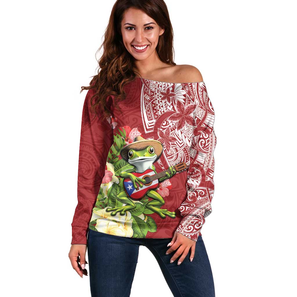 Puerto Rico Coqui Frog Off Shoulder Sweater Tropical Flowers Polynesian Style - Polynesian Pride