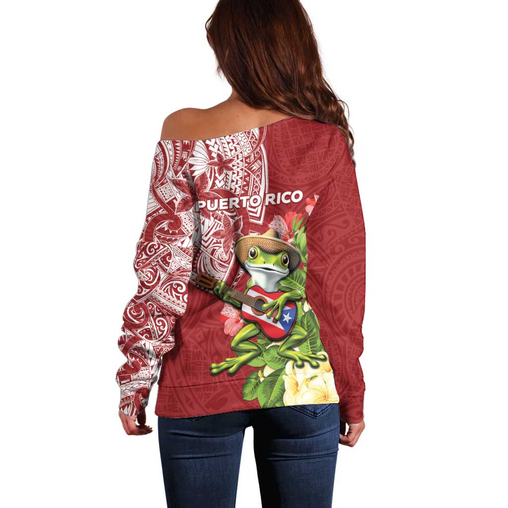 Puerto Rico Coqui Frog Off Shoulder Sweater Tropical Flowers Polynesian Style - Polynesian Pride
