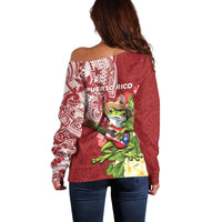 Puerto Rico Coqui Frog Off Shoulder Sweater Tropical Flowers Polynesian Style - Polynesian Pride