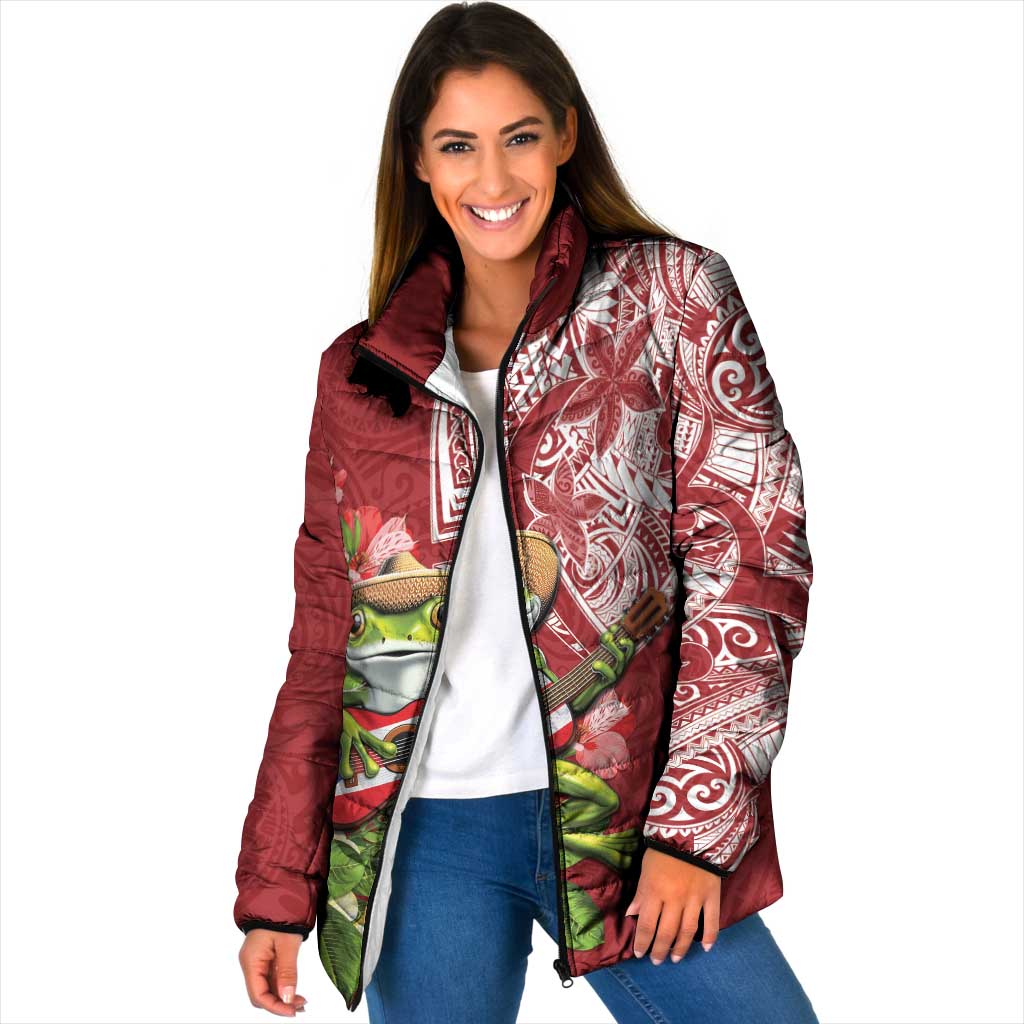 Puerto Rico Coqui Frog Padded Jacket Tropical Flowers Polynesian Style LT05 Women Red - Polynesian Pride