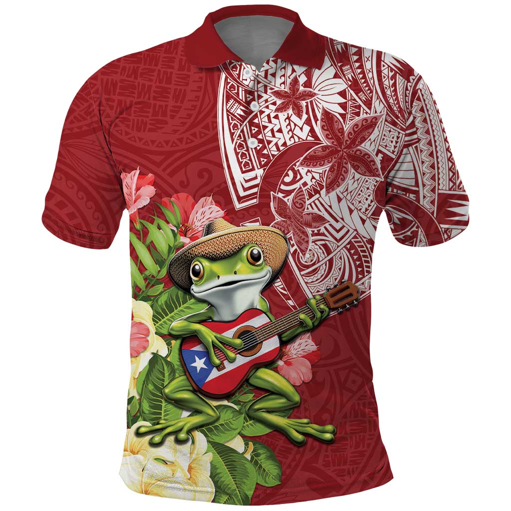 Puerto Rico Coqui Frog Polo Shirt Tropical Flowers Polynesian Style LT05 Red - Polynesian Pride