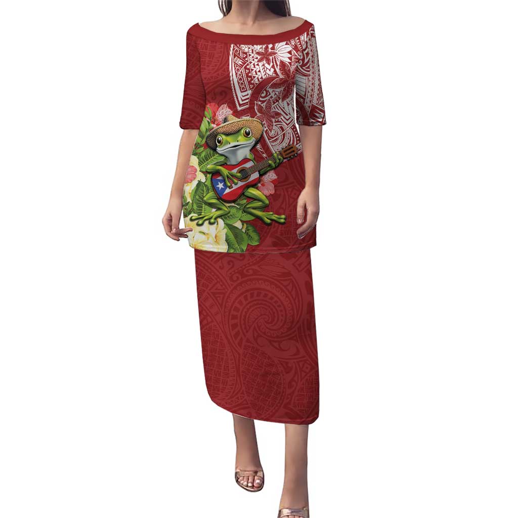 Puerto Rico Coqui Frog Puletasi Tropical Flowers Polynesian Style LT05 Long Dress Red - Polynesian Pride