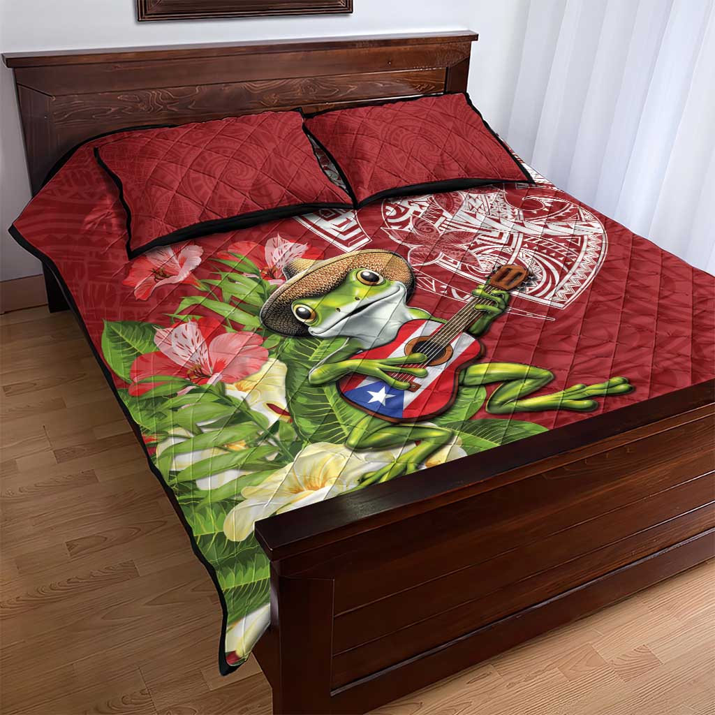 Puerto Rico Coqui Frog Quilt Bed Set Tropical Flowers Polynesian Style - Polynesian Pride