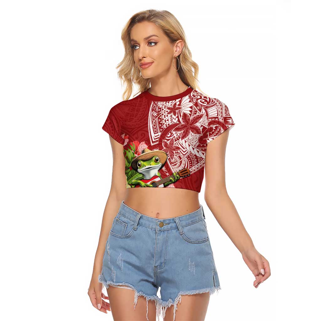 Puerto Rico Coqui Frog Raglan Cropped T Shirt Tropical Flowers Polynesian Style LT05 Female Red - Polynesian Pride