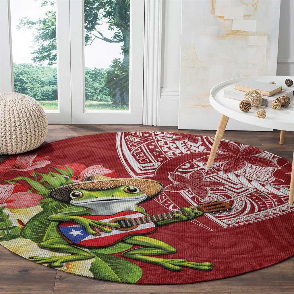 Puerto Rico Coqui Frog Round Carpet Tropical Flowers Polynesian Style - Polynesian Pride