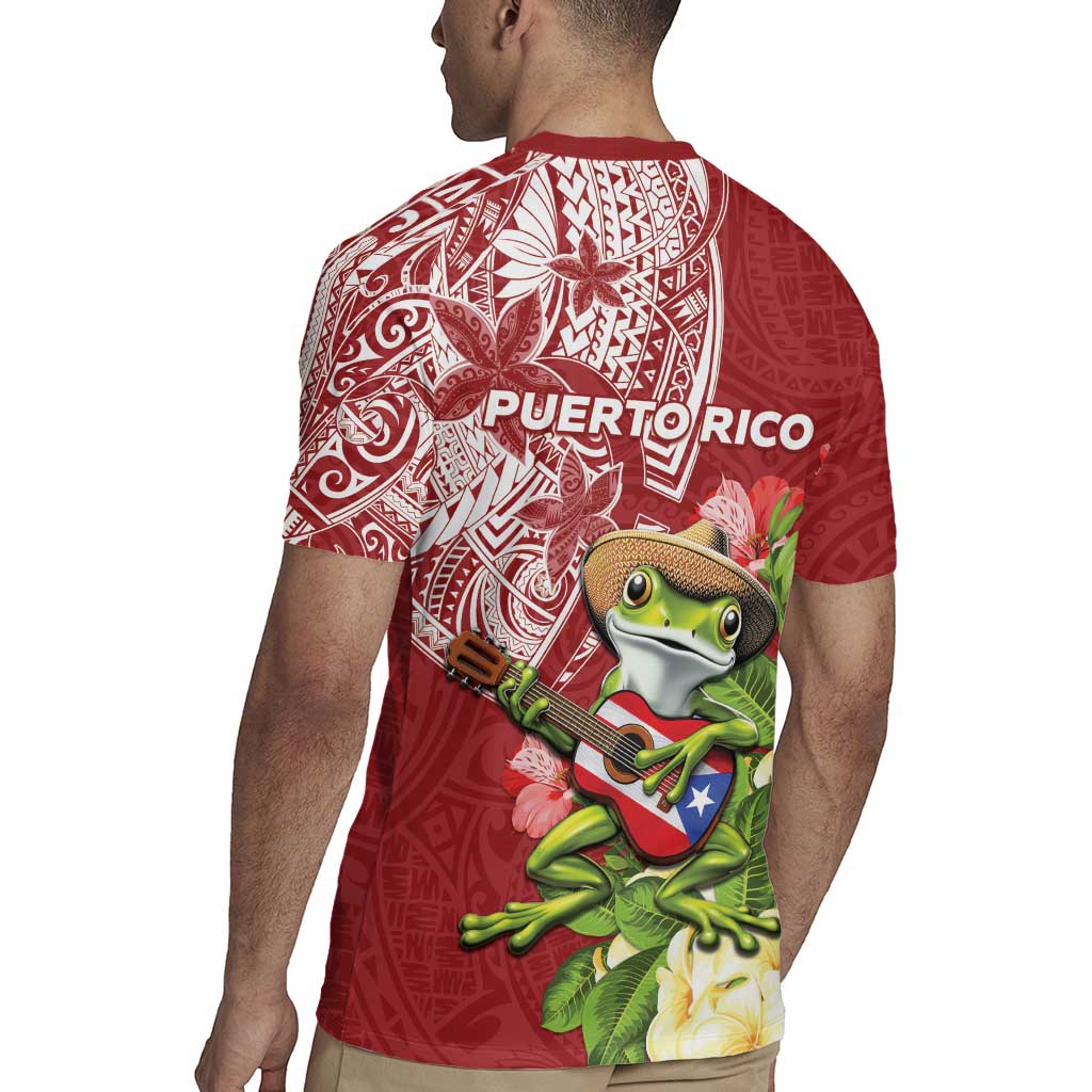 Puerto Rico Coqui Frog Rugby Jersey Tropical Flowers Polynesian Style - Polynesian Pride
