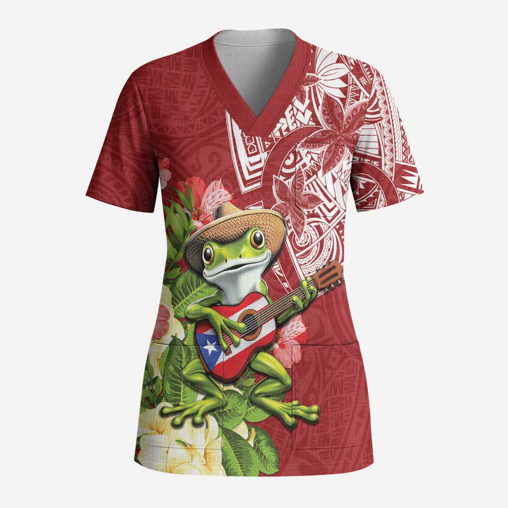 Puerto Rico Coqui Frog Scrub Top Tropical Flowers Polynesian Style LT05 Adult Red - Polynesian Pride