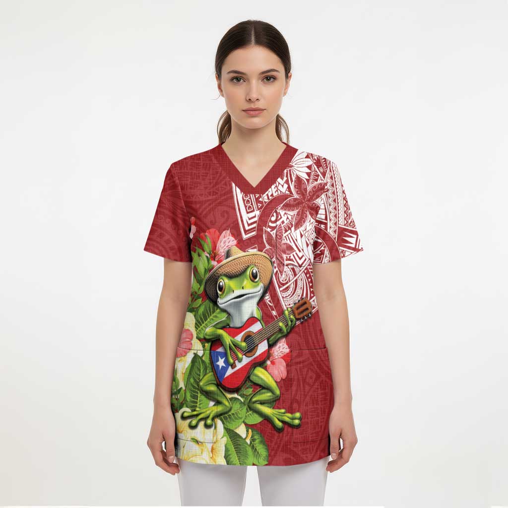 Puerto Rico Coqui Frog Scrub Top Tropical Flowers Polynesian Style LT05 - Polynesian Pride