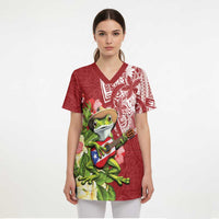Puerto Rico Coqui Frog Scrub Top Tropical Flowers Polynesian Style LT05 - Polynesian Pride