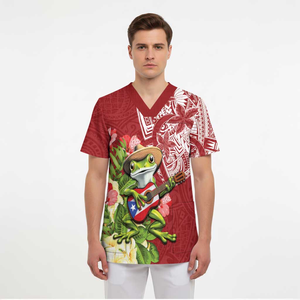 Puerto Rico Coqui Frog Scrub Top Tropical Flowers Polynesian Style LT05 - Polynesian Pride