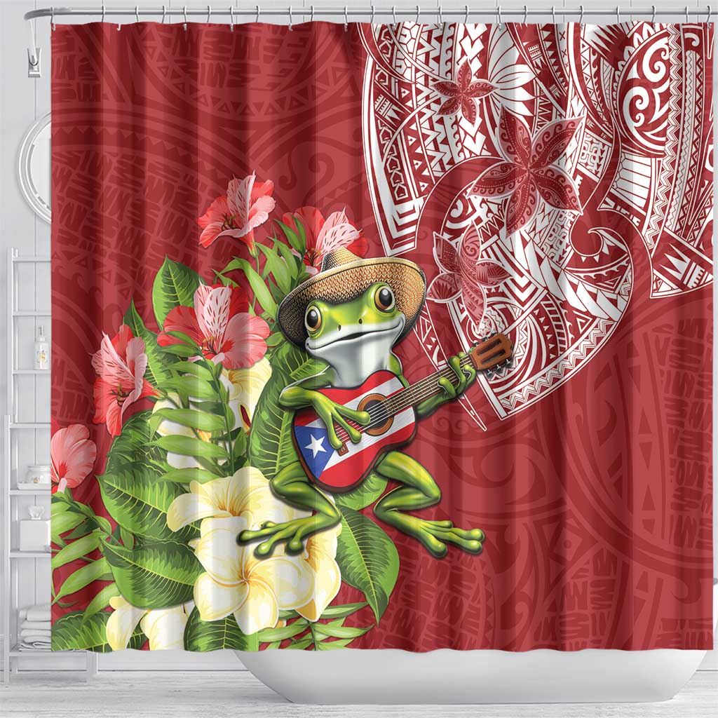 Puerto Rico Coqui Frog Shower Curtain Tropical Flowers Polynesian Style - Polynesian Pride