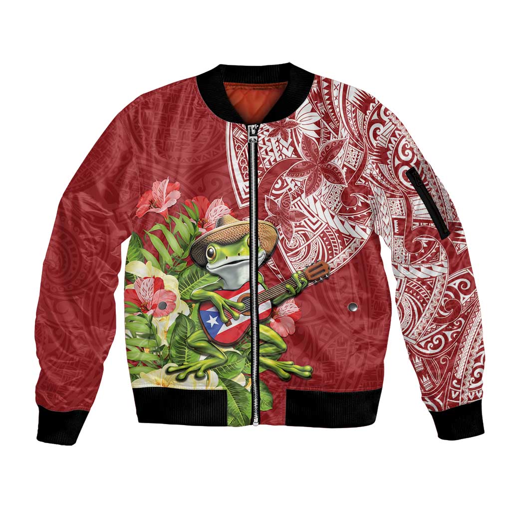 Puerto Rico Coqui Frog Sleeve Zip Bomber Jacket Tropical Flowers Polynesian Style - Polynesian Pride