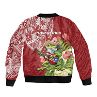 Puerto Rico Coqui Frog Sleeve Zip Bomber Jacket Tropical Flowers Polynesian Style - Polynesian Pride