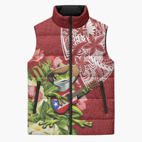 Puerto Rico Coqui Frog Sleeveless Puffer Jacket Tropical Flowers Polynesian Style LT05 Unisex Red - Polynesian Pride