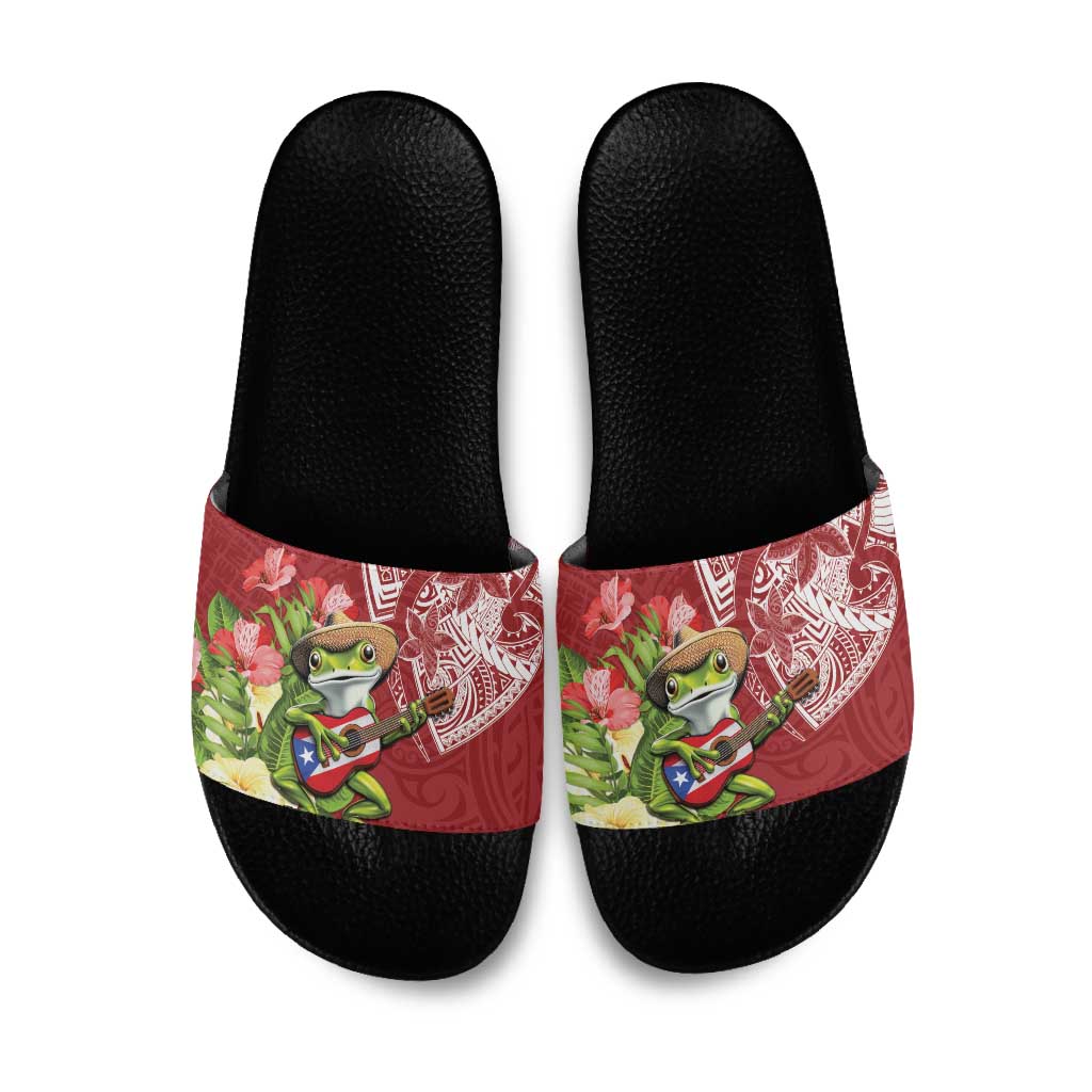 Puerto Rico Coqui Frog Slide Sandals Tropical Flowers Polynesian Style - Polynesian Pride