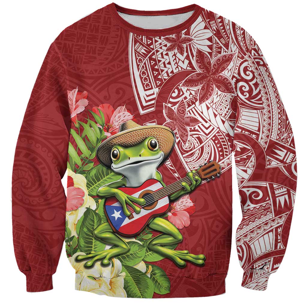 Puerto Rico Coqui Frog Sweatshirt Tropical Flowers Polynesian Style LT05 Unisex Red - Polynesian Pride