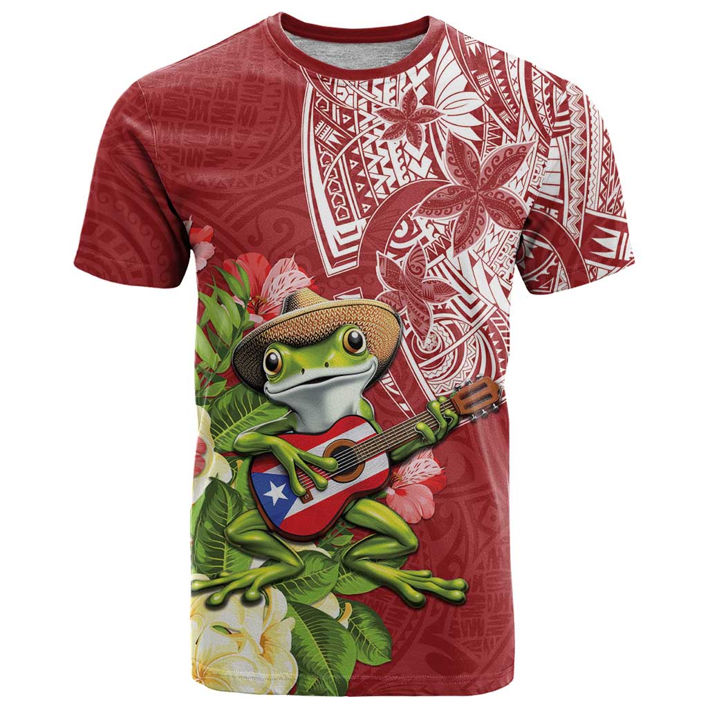Puerto Rico Coqui Frog T Shirt Tropical Flowers Polynesian Style LT05 Red - Polynesian Pride