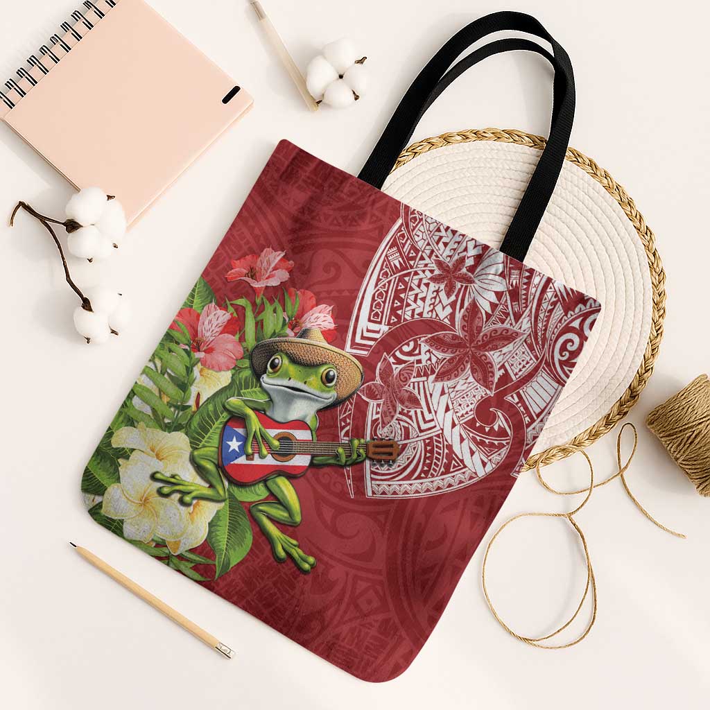 Puerto Rico Coqui Frog Tote Bag Tropical Flowers Polynesian Style - Polynesian Pride
