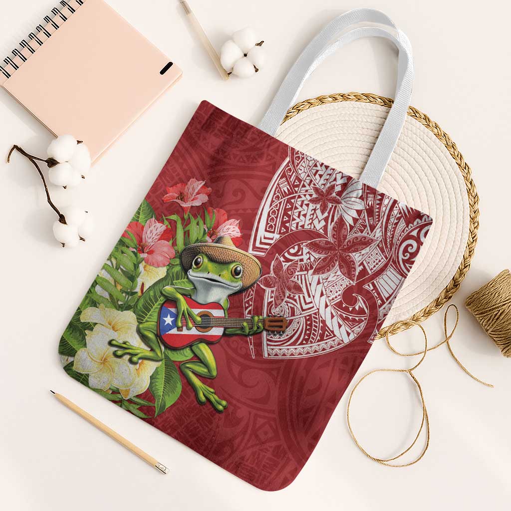 Puerto Rico Coqui Frog Tote Bag Tropical Flowers Polynesian Style - Polynesian Pride