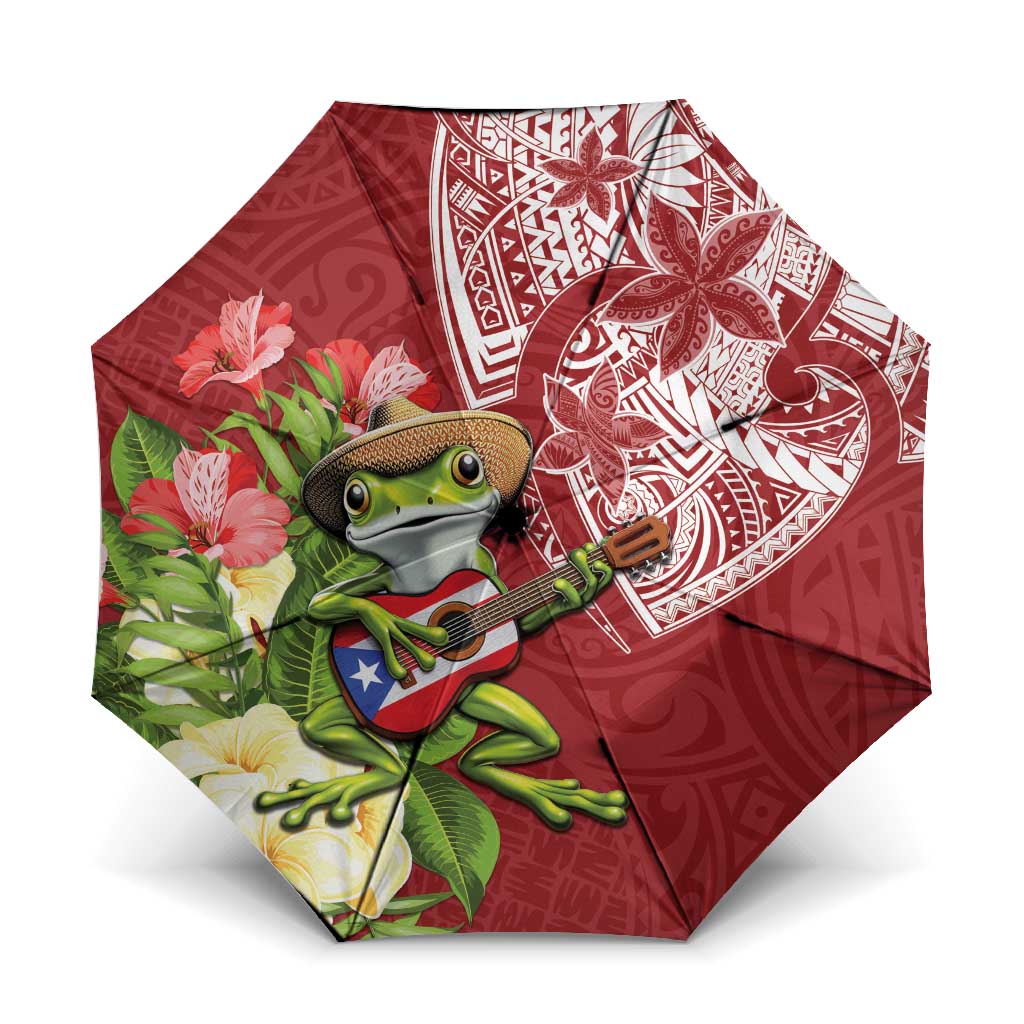 Puerto Rico Coqui Frog Umbrella Tropical Flowers Polynesian Style LT05 One Size Folded 11.42 inch Opened Diameter 37.4 inch Red - Polynesian Pride