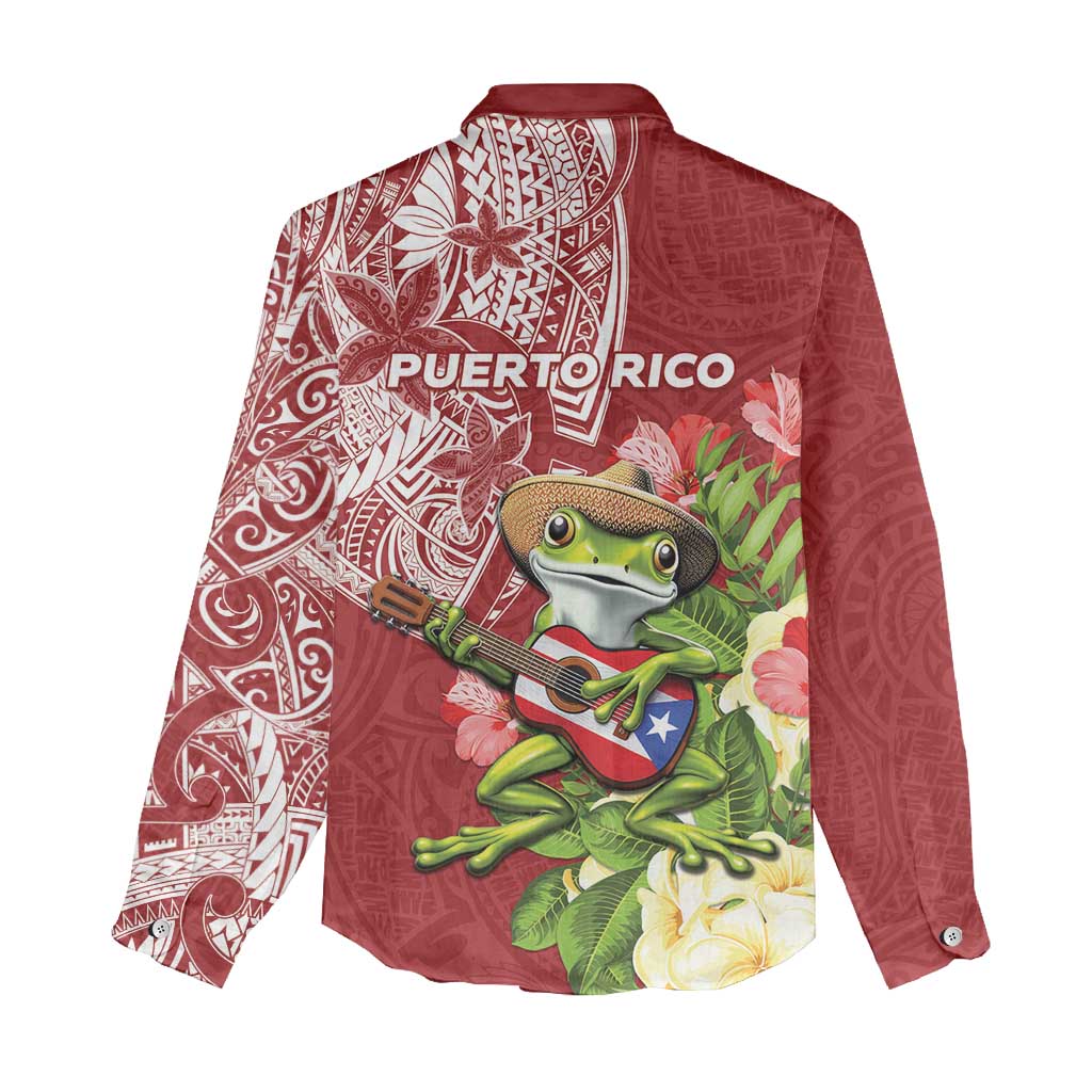 Puerto Rico Coqui Frog Women Casual Shirt Tropical Flowers Polynesian Style - Polynesian Pride