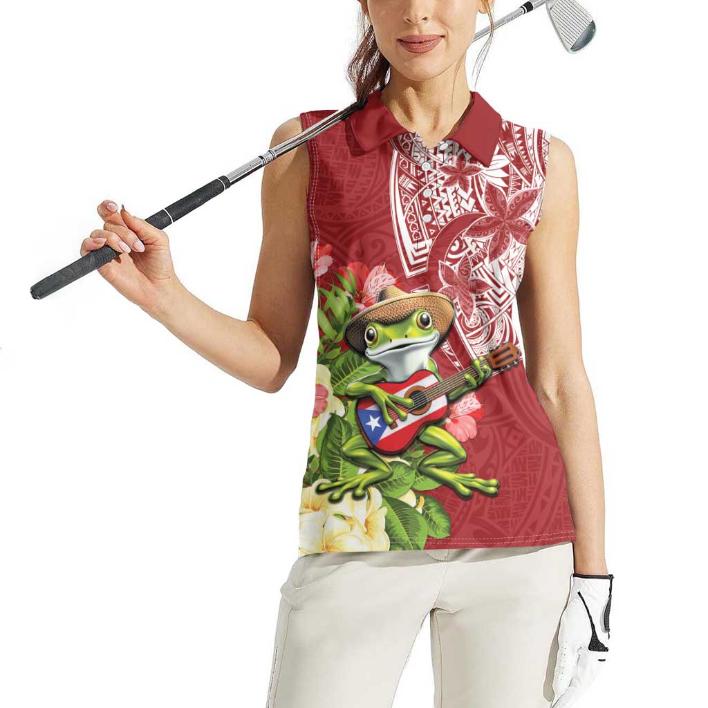 Puerto Rico Coqui Frog Women Sleeveless Polo Shirt Tropical Flowers Polynesian Style - Polynesian Pride