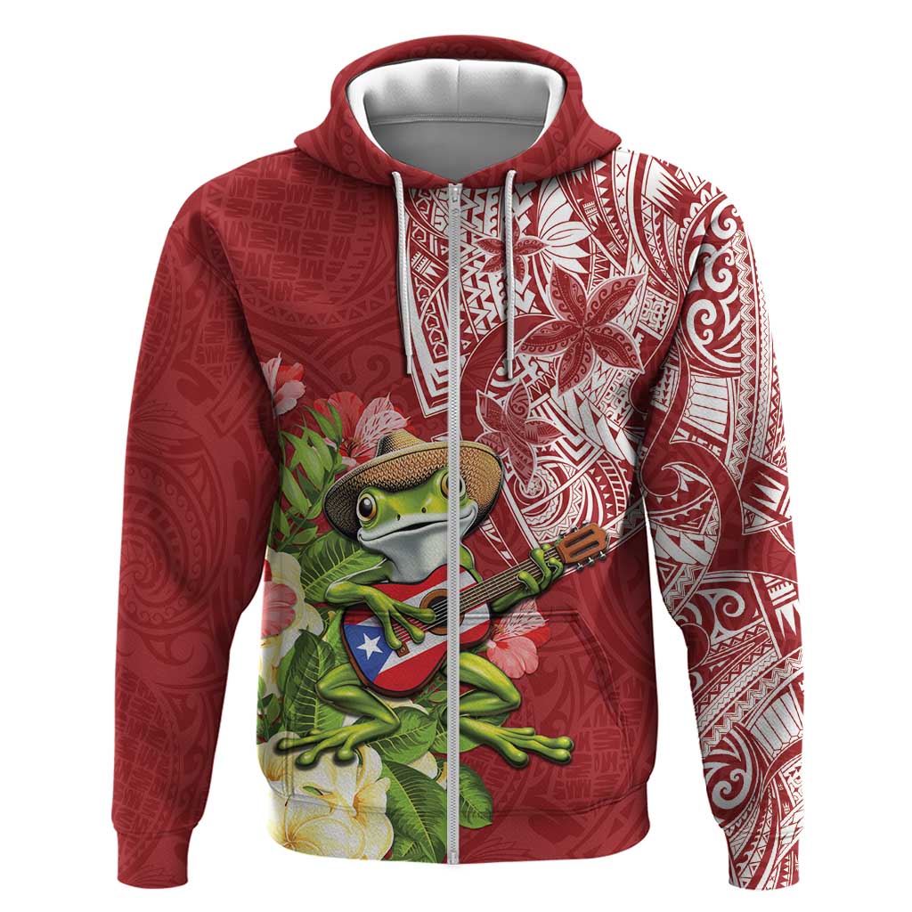 Puerto Rico Coqui Frog Zip Hoodie Tropical Flowers Polynesian Style LT05 Zip Hoodie Red - Polynesian Pride