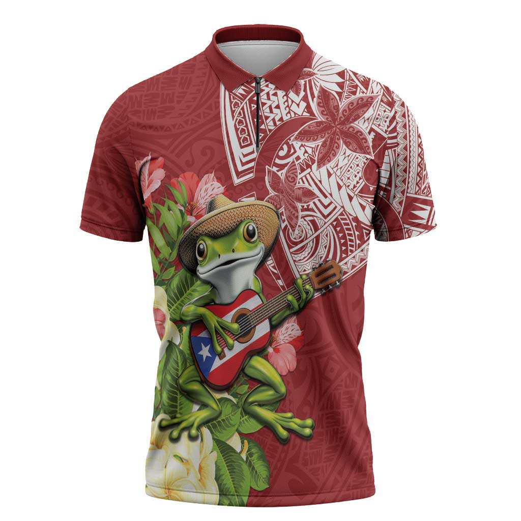 Puerto Rico Coqui Frog Zipper Polo Shirt Tropical Flowers Polynesian Style LT05 Red - Polynesian Pride