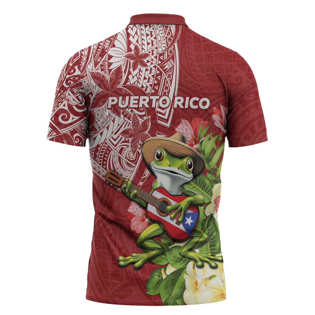 Puerto Rico Coqui Frog Zipper Polo Shirt Tropical Flowers Polynesian Style LT05 - Polynesian Pride