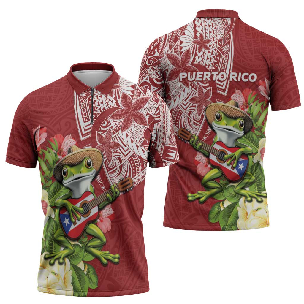 Puerto Rico Coqui Frog Zipper Polo Shirt Tropical Flowers Polynesian Style LT05 - Polynesian Pride