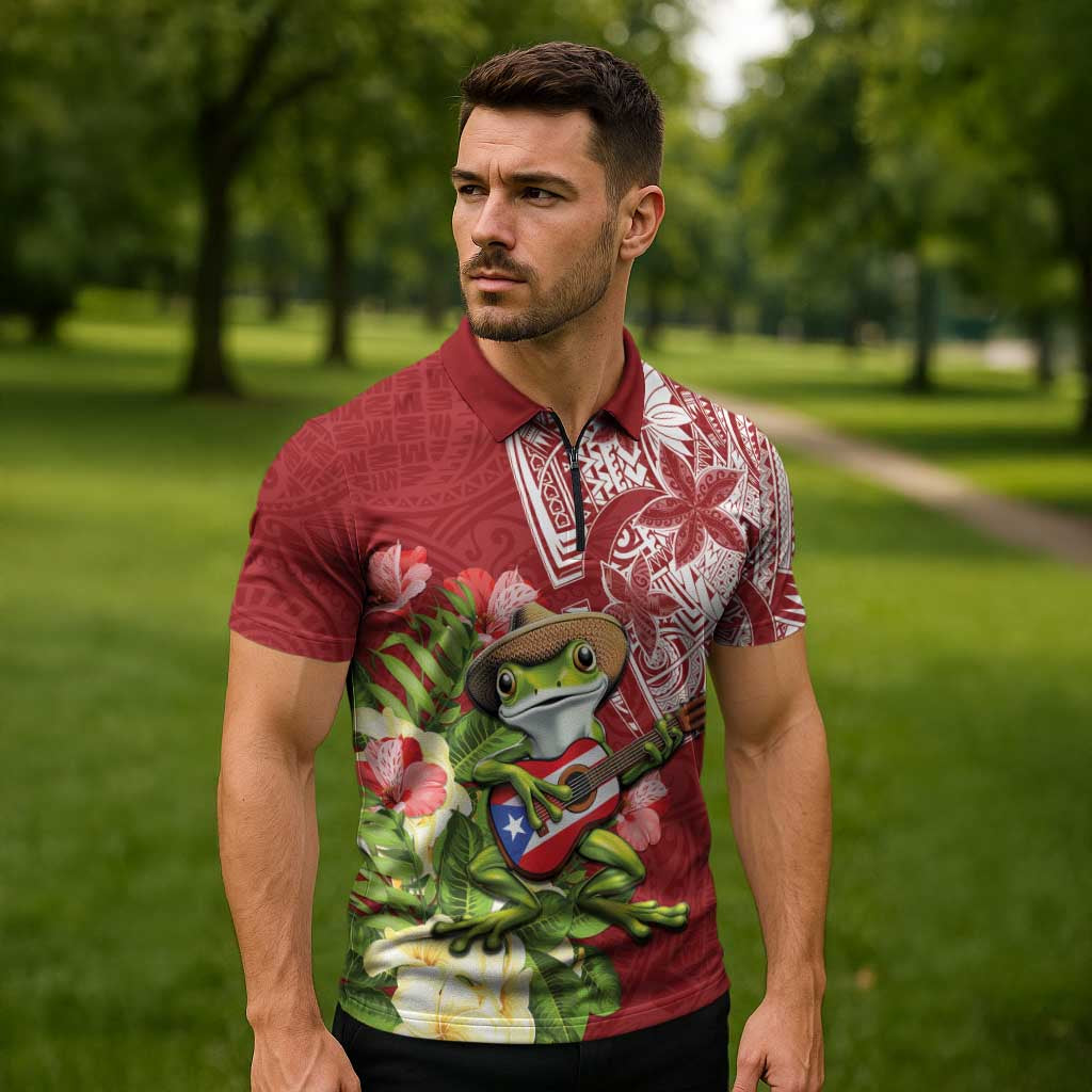 Puerto Rico Coqui Frog Zipper Polo Shirt Tropical Flowers Polynesian Style LT05 - Polynesian Pride