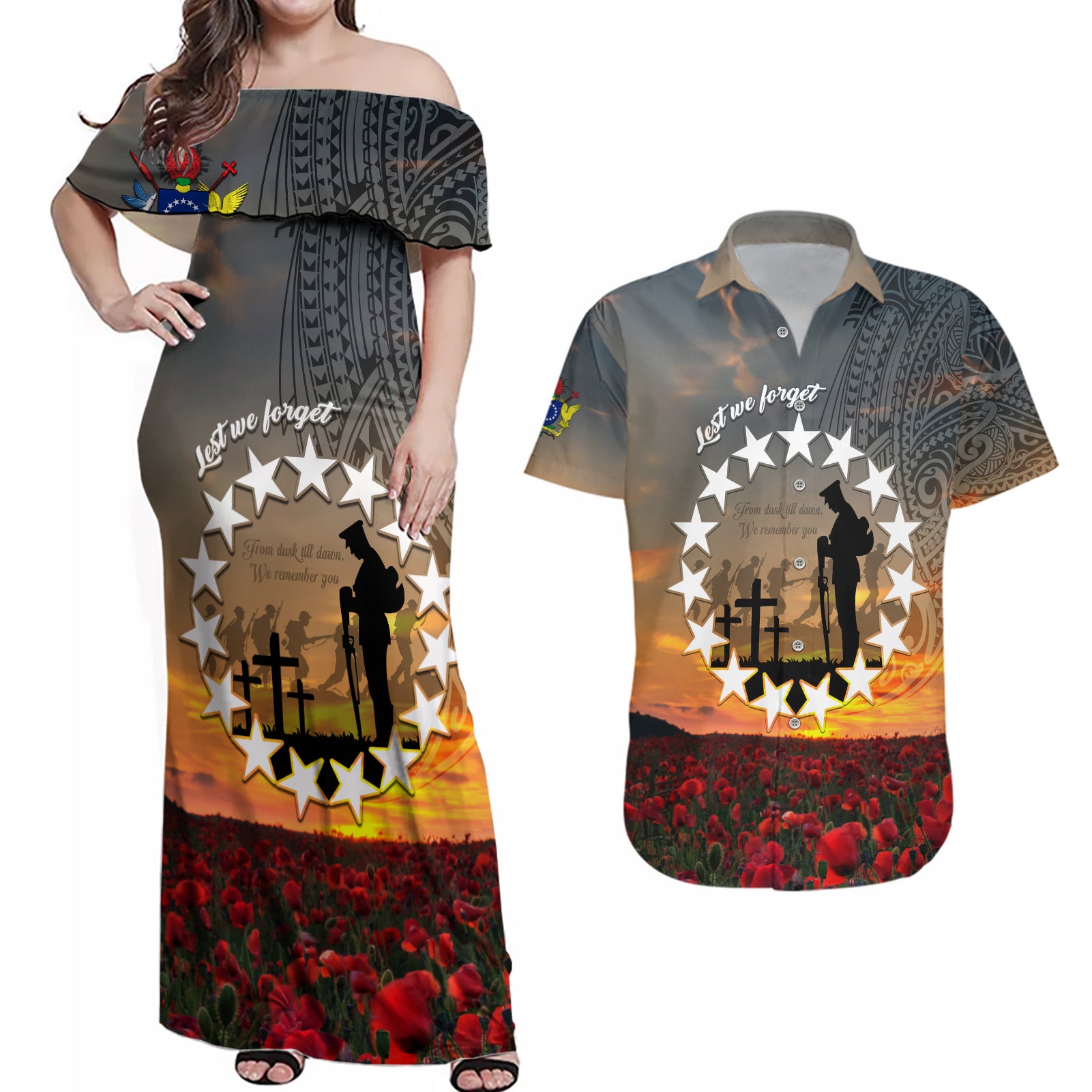 Cook Islands ANZAC Day Couples Matching Off Shoulder Maxi Dress and Hawaiian Shirt Lest We Forget LT05 Grey - Polynesian Pride