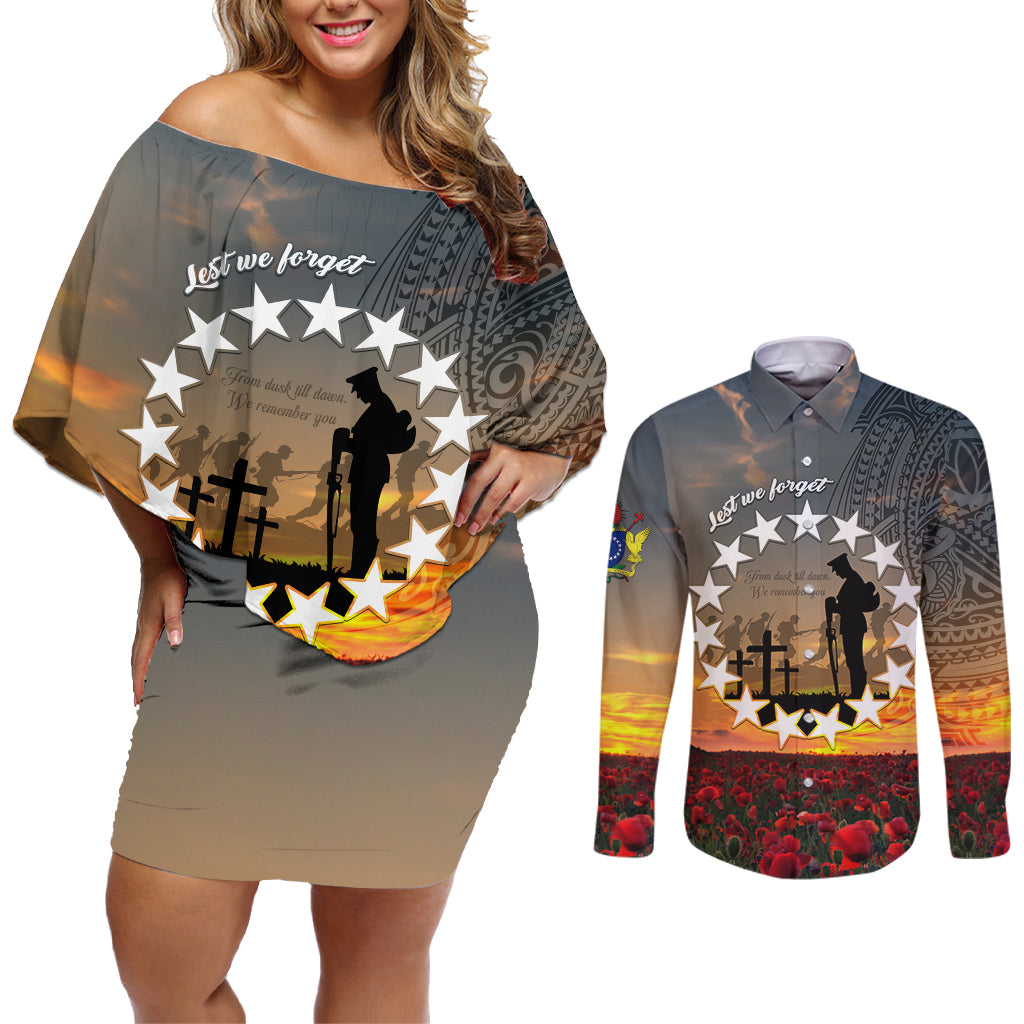 Cook Islands ANZAC Day Couples Matching Off Shoulder Short Dress and Long Sleeve Button Shirt Lest We Forget LT05 Grey - Polynesian Pride