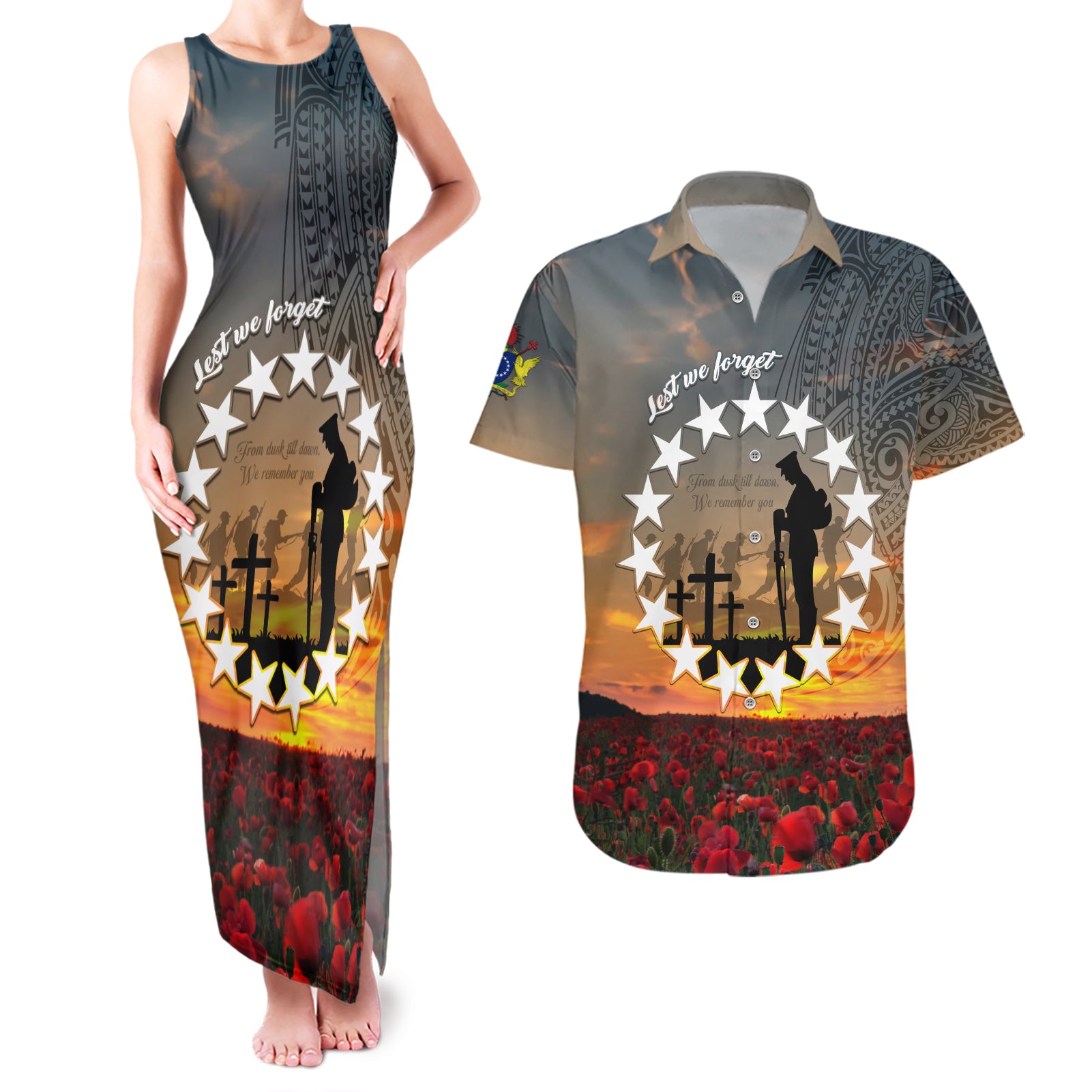 Cook Islands ANZAC Day Couples Matching Tank Maxi Dress and Hawaiian Shirt Lest We Forget LT05 Grey - Polynesian Pride