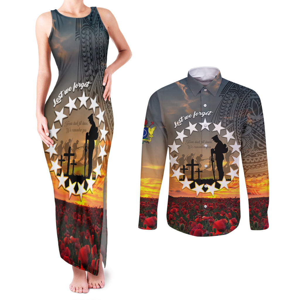 Cook Islands ANZAC Day Couples Matching Tank Maxi Dress and Long Sleeve Button Shirt Lest We Forget LT05 Grey - Polynesian Pride