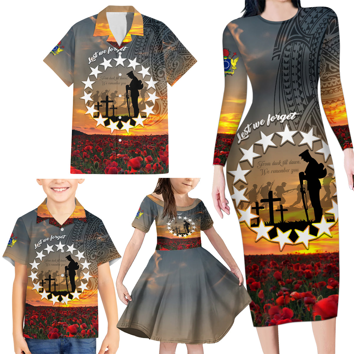 Cook Islands ANZAC Day Family Matching Long Sleeve Bodycon Dress and Hawaiian Shirt Lest We Forget LT05 - Polynesian Pride