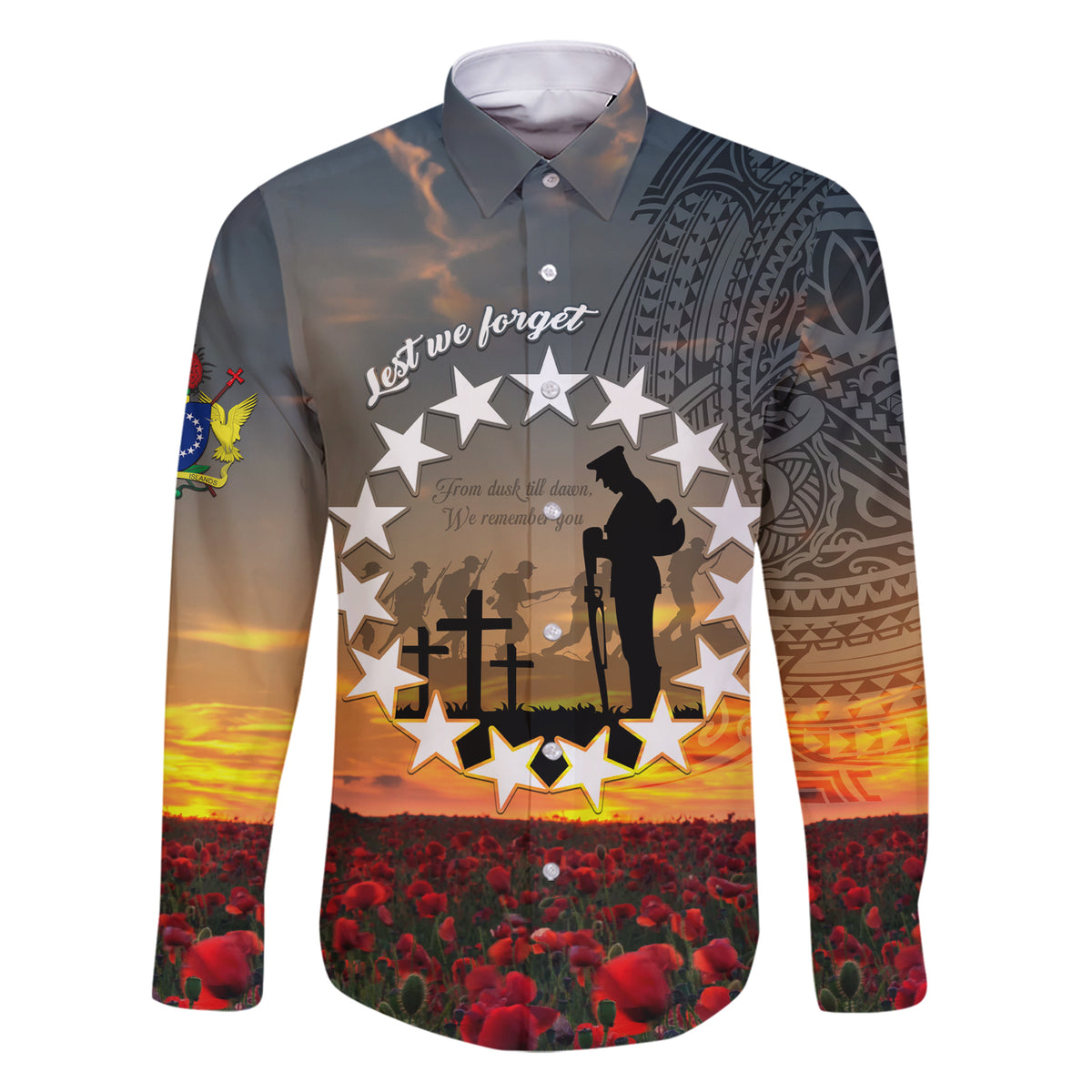 Cook Islands ANZAC Day Family Matching Short Sleeve Bodycon Dress and Hawaiian Shirt Lest We Forget LT05 Dad's Shirt - Long Sleeve Grey - Polynesian Pride