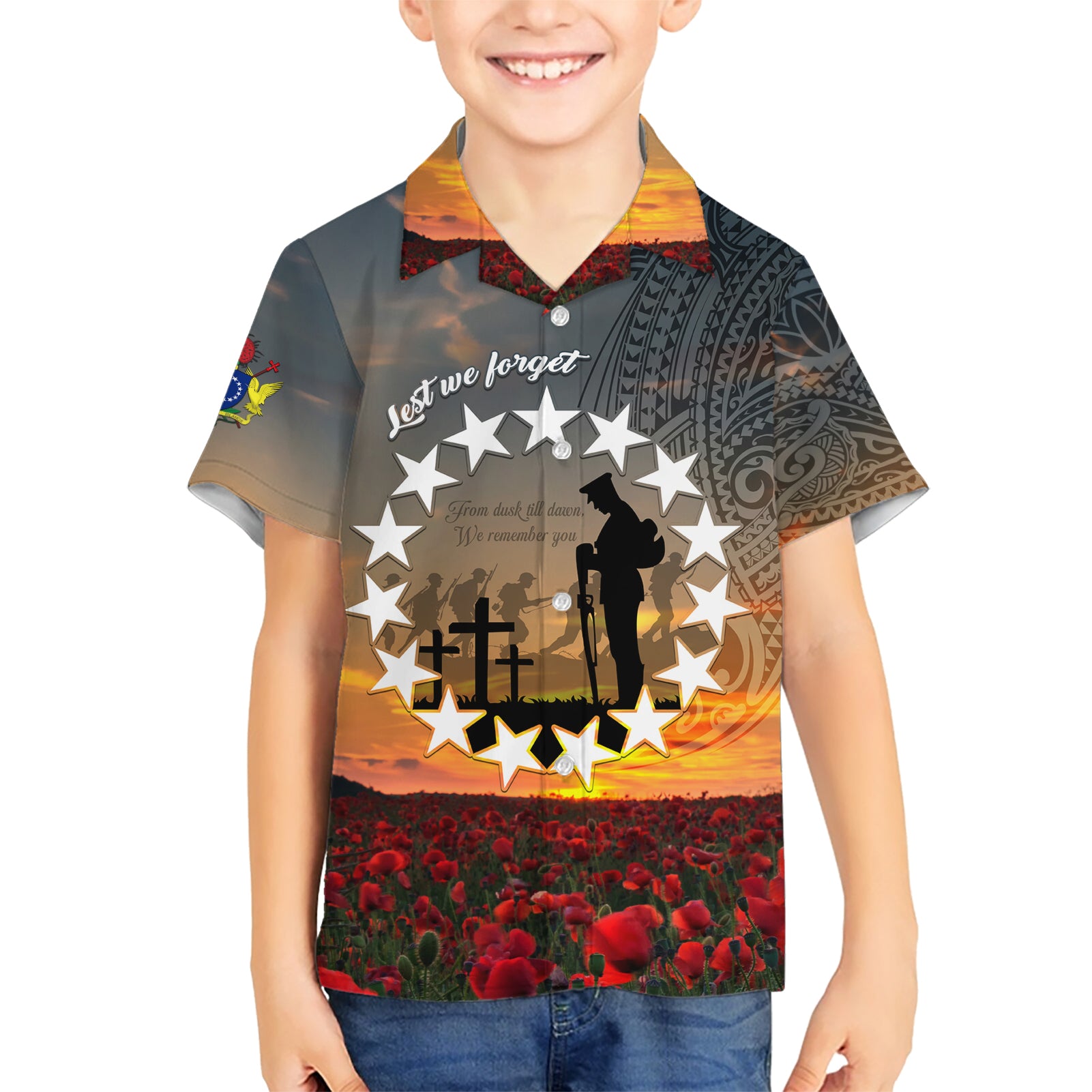 Cook Islands ANZAC Day Kid Hawaiian Shirt Lest We Forget LT05 Kid Grey - Polynesian Pride