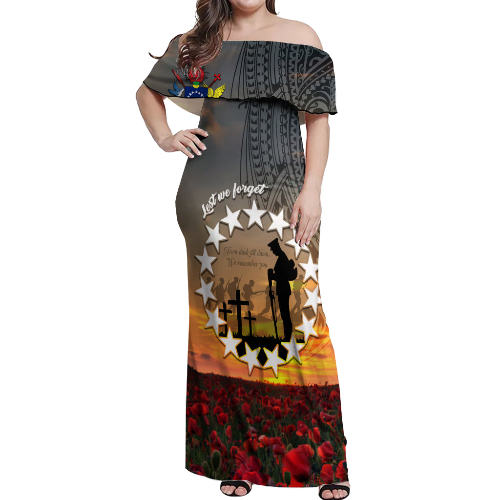 Cook Islands ANZAC Day Off Shoulder Maxi Dress Lest We Forget LT05 Women Grey - Polynesian Pride