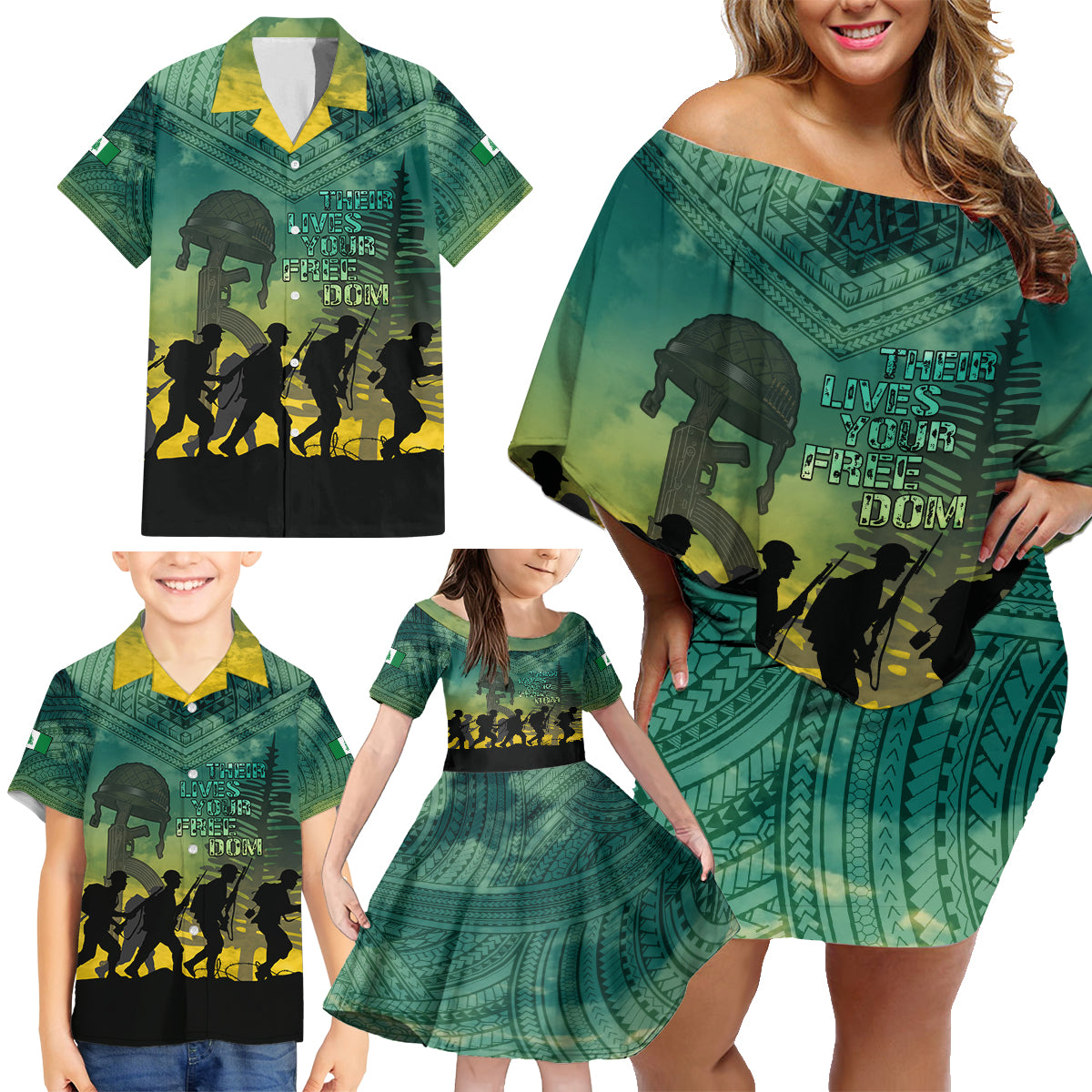 Norfolk Island ANZAC Day Family Matching Off Shoulder Short Dress and Hawaiian Shirt Lest We Forget LT05 - Polynesian Pride