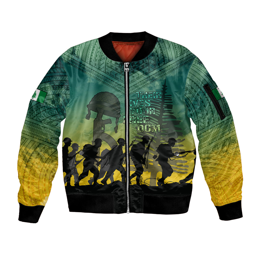 Norfolk Island ANZAC Day Sleeve Zip Bomber Jacket Lest We Forget LT05 Unisex Dark Cyan - Polynesian Pride