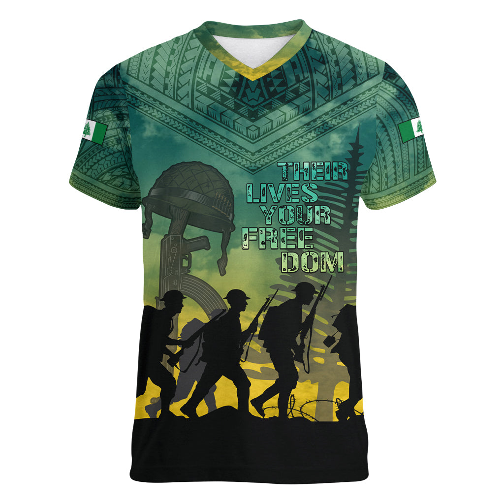 Norfolk Island ANZAC Day Women V Neck T Shirt Lest We Forget LT05 Female Dark Cyan - Polynesian Pride