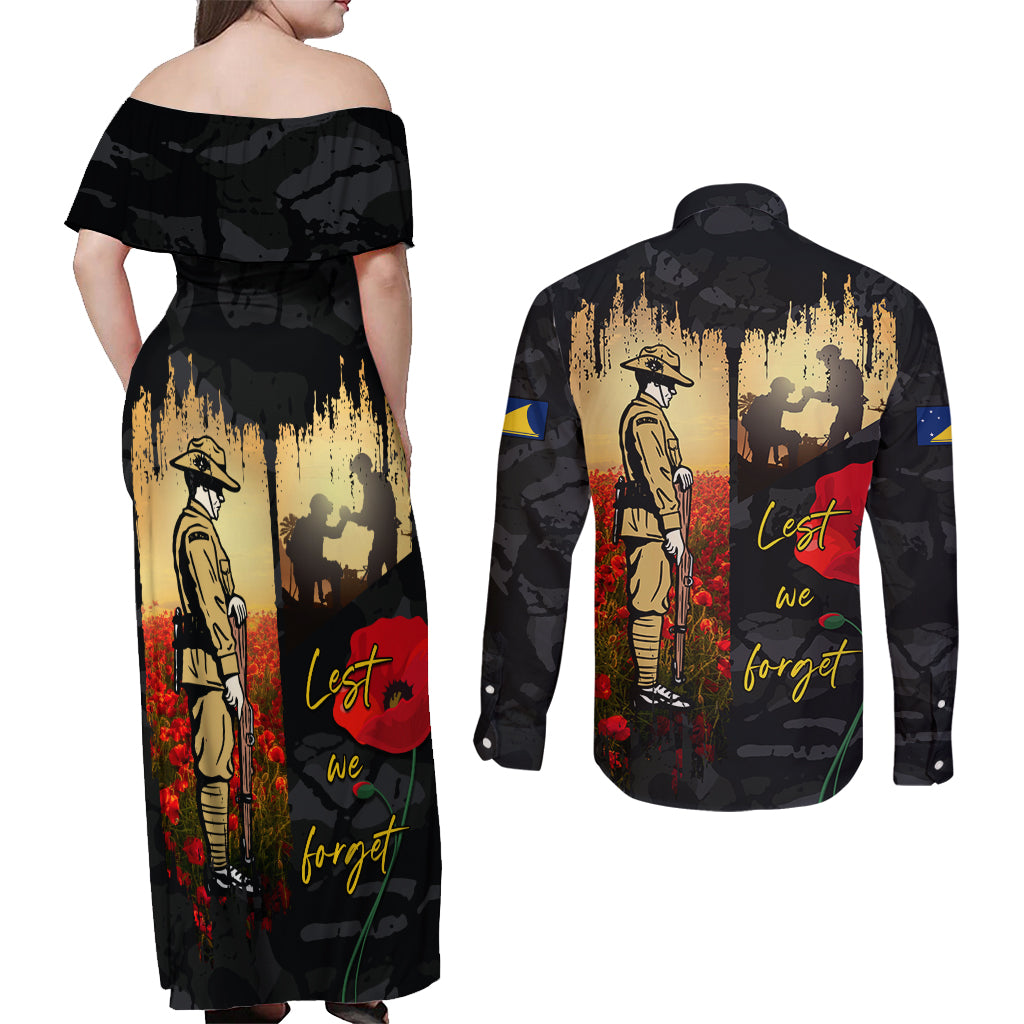 Tokelau ANZAC Day Couples Matching Off Shoulder Maxi Dress and Long Sleeve Button Shirt Lest We Forget LT05 - Polynesian Pride