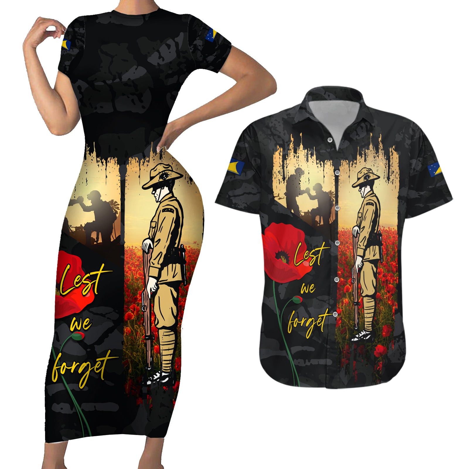 Tokelau ANZAC Day Couples Matching Short Sleeve Bodycon Dress and Hawaiian Shirt Lest We Forget LT05 Black - Polynesian Pride