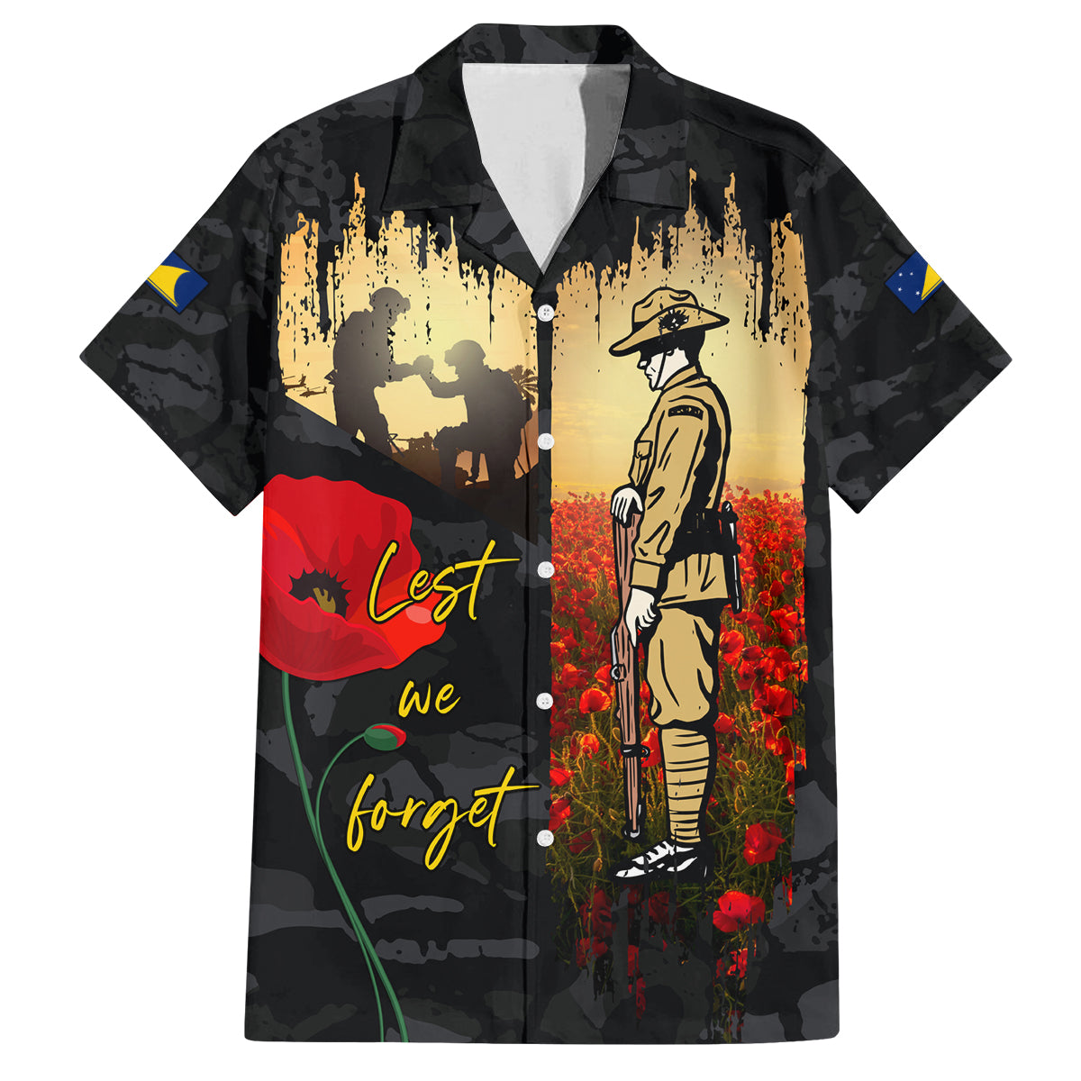 Tokelau ANZAC Day Family Matching Off Shoulder Long Sleeve Dress and Hawaiian Shirt Lest We Forget LT05 Dad's Shirt - Short Sleeve Black - Polynesian Pride